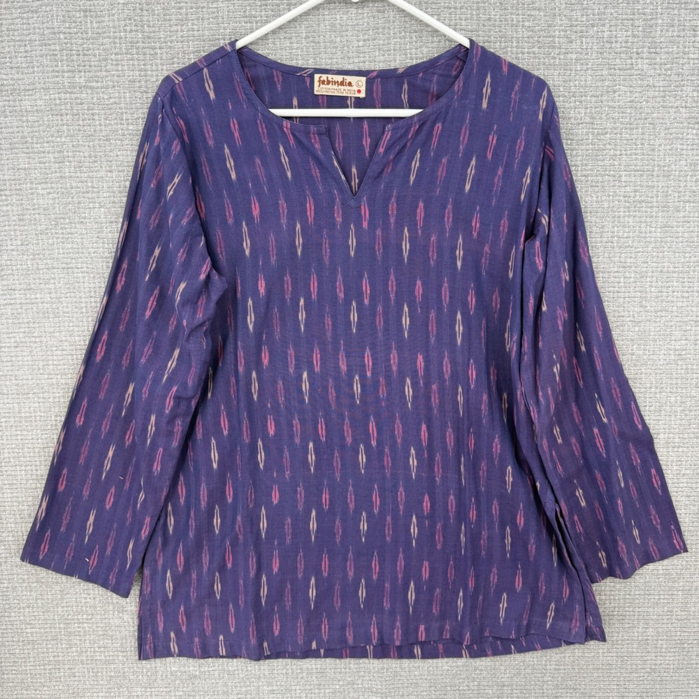 Fabindia Top Women L Purple Ikat Cotton Long Sleeve Tunic Boho